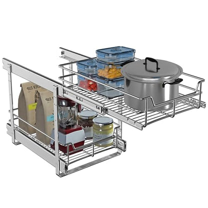 2-Tier Cabinet Pull Out Shelves, 11" W x 22" D, Chrome | Heavy-Gauge Wire Kitchen Cabinet Organizer, 100 lbs Capacity, Ball-Bearing Glides, Min 12" Opening, For Pantry Storage - size: 11 x 22 Inch
