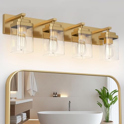 Brushed Gold Bathroom Light Fixtures, 4 Lights Bathroom Lighting Fixtures Over Mirror, Square Design & Rectangle Large Backplate, Modern Vanity Lighting Fixtures, for Living Room/Bedroom - color: Gold, size: 30-inch, 4-Light