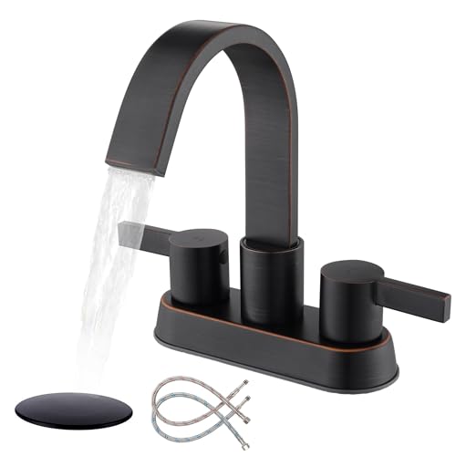 Oil Rubbed Bronze Bathroom Faucet 3 Hole, Senhozi 4 Inch Centerset Bathroom Faucet with Pop up Drain and 2 Supply Lines, Waterfall Bathroom Faucet Modern Faucet Bathroom, SE-0048-ORB - color: Oil Rubbed Bronze