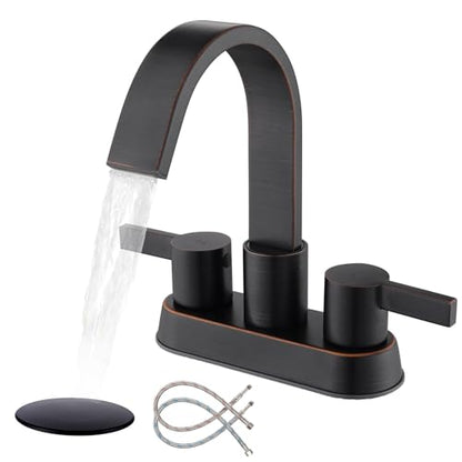 Oil Rubbed Bronze Bathroom Faucet 3 Hole, Senhozi 4 Inch Centerset Bathroom Faucet with Pop up Drain and 2 Supply Lines, Waterfall Bathroom Faucet Modern Faucet Bathroom, SE-0048-ORB - color: Oil Rubbed Bronze