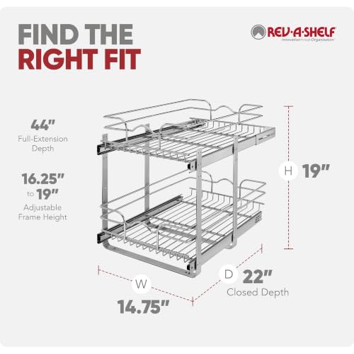 Rev-A-Shelf Pullout Organizer for Cabinets, Min Opening Width of 15" | Two-Tier Steel Shelf for Kitchen or Vanity Cabinet Organization, Heavy Gauge Wire Slide Out Storage Basket, 5WB2-1522CR-1 - size: 15"W x 22"D, style: Two Tier