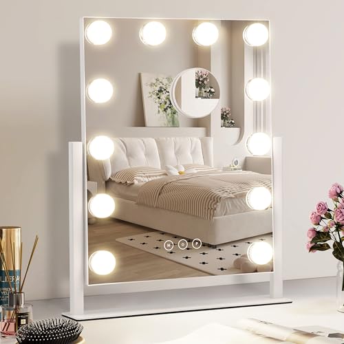 Vanity Makeup Mirror with Lights,3 Color Lighting Modes Detachable 10X Magnification Mirror Touch Control,360°Rotation, White (14.6Inch) - color: White, size: 14.6"L x 18"W