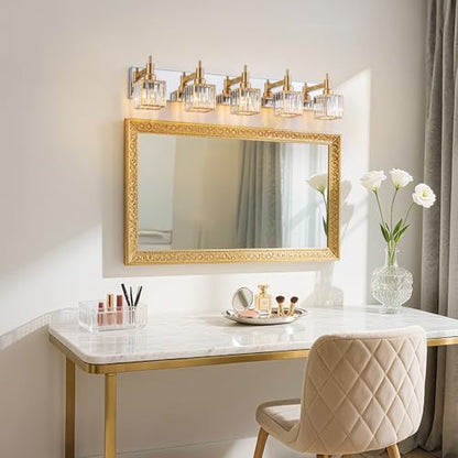 Crystal Bathroom Light Gold Chrome 5-Light Modern Bathroom Vanity Fixtures Over Mirror Square Wall Sconce - color: Gold Chrome-Square Shade, size: 5-Light