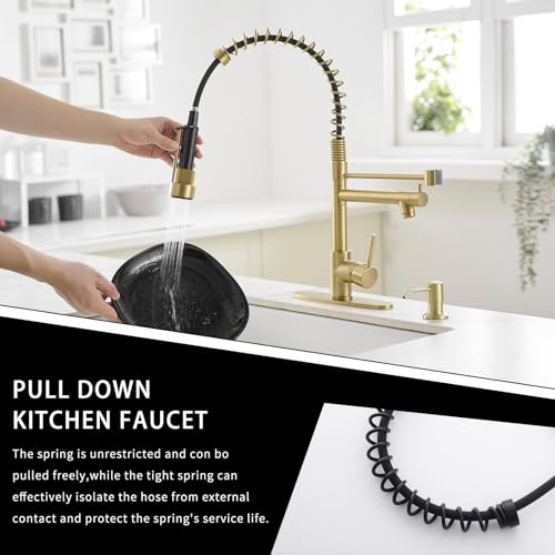 AIMADI Gold Kitchen Faucet with Soap Dispenser,Commercial Single Handle | pull down Kitchen Faucets with Sprayer,Brushed Gold,for 1-hole or 3-hole sinks,Farmhouse RV Laundry - color: Brushed Gold, style: with Soap Dispenser