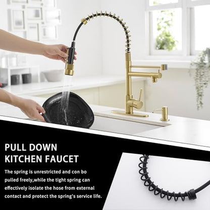 AIMADI Gold Kitchen Faucet with Soap Dispenser,Commercial Single Handle | pull down Kitchen Faucets with Sprayer,Brushed Gold,for 1-hole or 3-hole sinks,Farmhouse RV Laundry - color: Brushed Gold, style: with Soap Dispenser