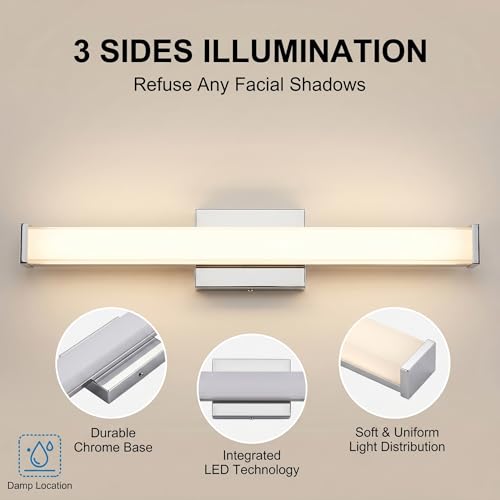 URSOLA 24" Modern LED Bathroom Light Fixtures, Chrome 3CCT Dimmable Bathroom Vanity Light Over Mirror, Bathroom Vanity Bath Bar Lights with Double Layer Acrylic Shade - color: Chrome, size: 24inch