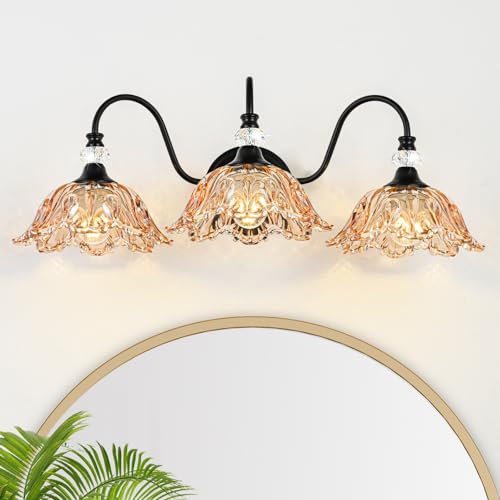 Black Bathroom Vanity Light,3-Light Vanity Light with Floral Amber Glass Shades,Vintage Farmhouse Wall Mount Lighting for Bathroom, Dressing Table - color: Black and Amber, size: 3-Light