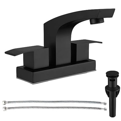 Centerset Bathroom Faucet Stainless Steel Matte Black 4 inch 2 Hole | Sink Faucet Bathroom with Pop Up Drain and cUPC Supply Hose, 2 Handle 4 inch Center-set Bathroom Sink Faucet Black - color: Matte Black, size: 4 Inch Centerset