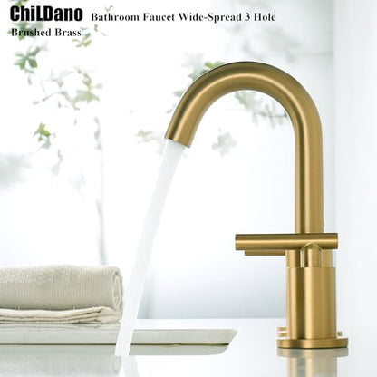 Brushed Brass Bathroom Faucet 3 Hole with Pop Up Drain with Over Flow and Supply Hose, Stainless Steel 8 in Widespread Gold Bathroom Sink Faucet, ChiLDano 2 Handle Gold Bathroom Faucet CH2183BBG - color: Brushed Brass