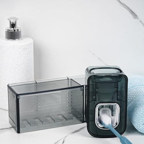 5 Slots Wall Mount Toothbrush Holder with Cover, Self Adhesive Toothbrush Storage Organizer for Shower, Toothbrush Cup Hanger with Automatic Toothpaste Squeezer Dispenser - color: Gray Combination