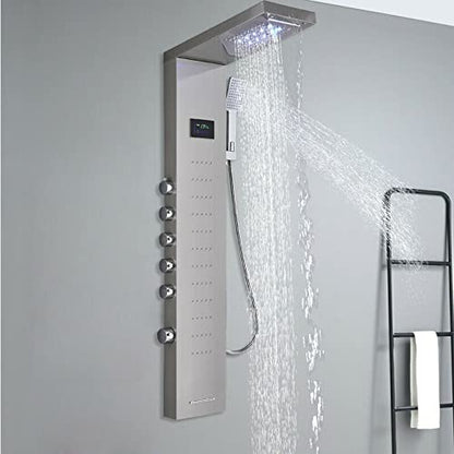 LED Light Shower Panel Tower Rainfall Waterfall Shower Head with Massager Jets Body System Jet Black B (Color : Brushed Nickel C) - color: Brushed Nickel C