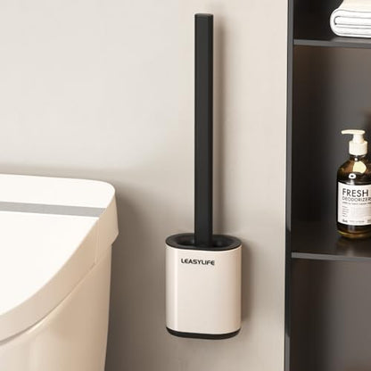 Toilet Brush and Holder, Stainless Steel, Off-White | Removable Inner Bowl and Splash Protection,Flat and Elongated,Dense Bristles for Through Cleaning - color: Off-white