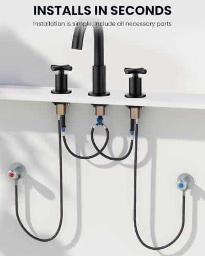 gotonovo 8’’ Bathroom Sink Faucet 3 Hole Matte Black,Curved Spout | Widespread Bathroom Faucet,6-16’’ Vanity,Sink,RV,Lavatory,2 Cross Handle,SUS304,360° Swivel Spout,24’’ cUPC Hose,Pop Up Drain
