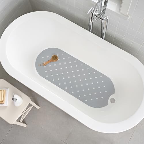 Rubber Bathtub Mat Shower Mat Non-Slip, 39x16 Inch, Bath Tub Floor Mat with Suction Cups and Drainage Holes, Grey - color: Grey, size: 39" x 16" (Oval)