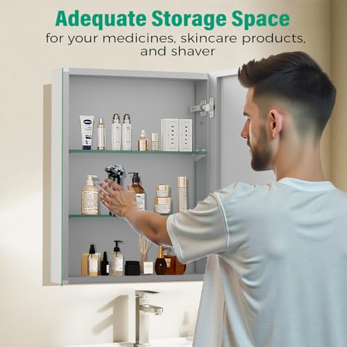 Medicine Cabinet Mirror,Bathroom Mirror with Storage 24 x 32 in | Bathroom Medicine Cabinet With Mirror And Adjustable Shelves, Aluminum Recessed or Wall Mounted Medicine Cabinets - size: 24 x 32 inches