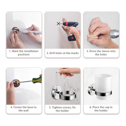 Wall Mounted Toothbrush Holders Set | Stainless Steel Bathroom Tooth Brush Holder, with Glass Toothpaste Cup, Toothbrush Caddy Storage, for Kids & Adult, Single - size: Single