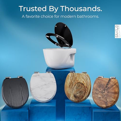 SANILO Wooden Toilet Seat with Soft Close [ROUND] - Decorative, Quiet & Slow Close Molded Wood Seat - With Strong Bumpers & Hinges - Adjustable Fit – Glittering Black - color: Glittering Black
