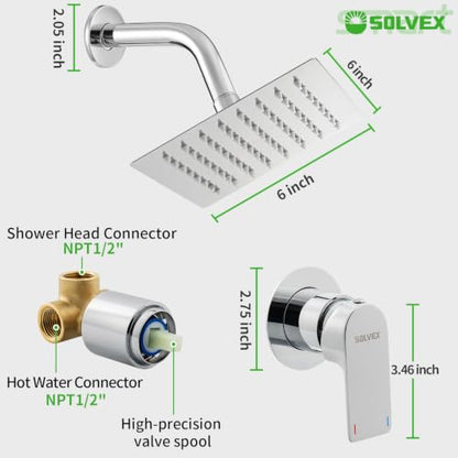 SOLVEX Shower Faucet Set with Valve Rain Shower System Head Stainless Steel Wall Mount Single Handle Shower Trim Kit 6 Inch High Pressure Shower Head Chrome SP-90103 - color: Chrome