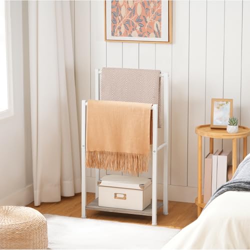 HOOBRO Free Standing Towel Rack for Bathroom, 2 Tier Blanket Rack, 16.5" L x 9.4" W x 31.5" H, Blanket Holder, Drying and Display Rack with Shelf, White and Grey WG02LB01 - color: White + Grey, size: 16.5"L x 9.4"W x 31.5"H