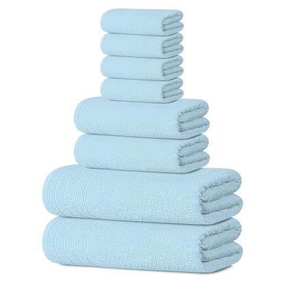 8 Piece Towel Set, 2 XL Bath, 2 Hand, 4 Washcloth, Sky Blue | 100% Cotton, Lighter Weight, Quicker to Dry, Super Absorbent, Perfect for Bathroom - color: Sky Blue