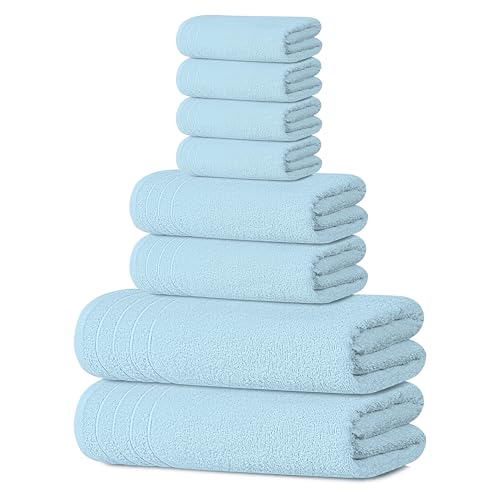 8 Piece Towel Set, 2 XL Bath, 2 Hand, 4 Washcloth, Sky Blue | 100% Cotton, Lighter Weight, Quicker to Dry, Super Absorbent, Perfect for Bathroom - color: Sky Blue