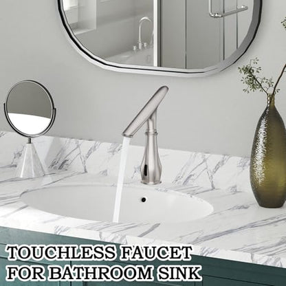 Touchless Bathroom Sink Faucets, Brushed Nickel Bathroom Faucet Single Hole, Automatic Motion Sensor Battery Operated with Cover Plate and Mixing Valve for Commercial and Home - color: Brushed Nickel