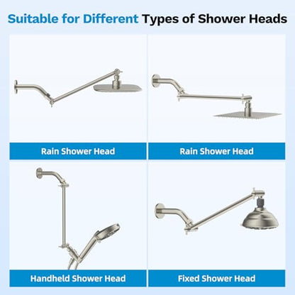 All-Metal Shower Extension Arm, G1/2" Universal 11-Inch, Brushed Nickel | Brass Flexible Shower Head Extender Height/Angle Adjustable, Stainless Steel Rain Shower Pipe Extending with Lock Joint - color: Brushed Nickel, size: 11 Inch