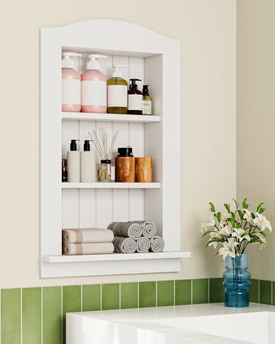 Recessed Wall Niche, 3-Tier Recessed Medicine Cabinet, Bathroom Cabinet Wall Mount, Bamboo Medicine Organizer, Wall Storage Cabinet, for Bathroom, Living Room, Kitchen, White - size: 17.6"L x 2.1"W x 26.7"H