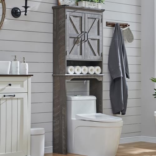 67" Farmhouse Over The Toilet Storage Bathroom Cabinet, Grey Wash | Double Barn Doors, Adjustable Shelf, Open Cubby, Weathered Finish - color: Grey Wash