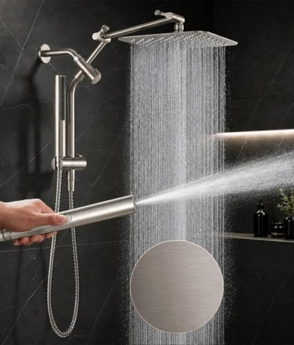 Veken All Metal 10" Luxurious Brushed Nickel Rain Shower Head with Handheld | Dual High Pressure Shower Heads, Power-wash Hand Held with Hose,Double Detachable Showerhead,Square Rainfall,Bathroom Upgrade - color: Brushed Nickel, size: 10 Inch