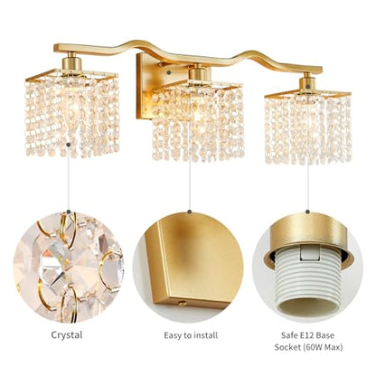 WUZUPS 3-Light Bathroom Light Fixture Over Mirror Morden Vanity Wall Sconces Light Clear Crystal Drop for Bedroom Living Room, E12 Base, Gold - color: Gold Wall light