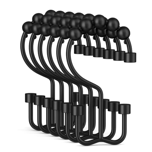 Bathway Black Shower Curtain Hooks Ring, 12 Pcs Double Sided Shower Hooks, Rust Proof Metal Shower Hooks for Bathroom, Modern Shower Rings with Cylinders for Shower Curtain & Liners - color: Black, style: Modern Shower Hooks with Cylinders