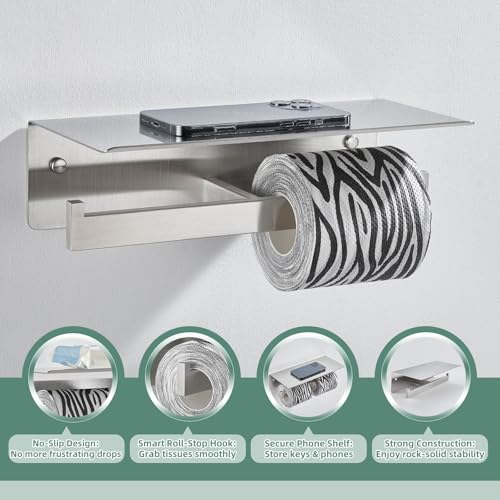 Dual Roll Toilet Paper Holder, Brushed Nickel, 304 Stainless Steel | Multiuse Top Shelf, Air Freshener & Tissue Storage, Space-Saving Wall Design, Home & Office Restroom Use - color: Brushed Nickel, size: Double Rod