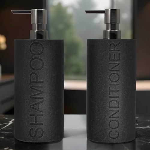 Resin 2 Pack Shampoo, Conditioner or Body Wash Dispenser Set, Luxurious Refillable Pump Bottles with Matte Pump Top and Embossed Text, Durable Design for Bathroom and Shower - color: Gray Shampoo & Conditioner