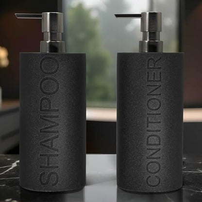 Resin 2 Pack Shampoo, Conditioner or Body Wash Dispenser Set, Luxurious Refillable Pump Bottles with Matte Pump Top and Embossed Text, Durable Design for Bathroom and Shower - color: Gray Shampoo & Conditioner