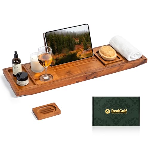 Teak Bathtub Tray Caddy, Adjustable Wood Bath Organizer | Natural Teak Wood Finish, Built-In Wine Holder, Tablet & Book Stand, Water-Resistant Seal, Fits Most Tubs - color: Classic Teak Finish