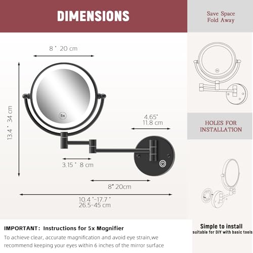 1X/5X Magnifying Make up Mirror Wall Mounted, Lighted, Brass Arm, Hardwired | 8-Inch, Bathroom Double-Sided Vanity, 360 Swivel Extendable, 3 Color Lighting, Memory Function, Touch Dimmable, Matt Black