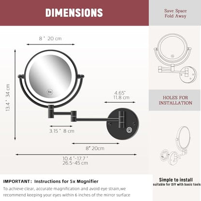 1X/5X Magnifying Make up Mirror Wall Mounted, Lighted, Brass Arm, Hardwired | 8-Inch, Bathroom Double-Sided Vanity, 360 Swivel Extendable, 3 Color Lighting, Memory Function, Touch Dimmable, Matt Black