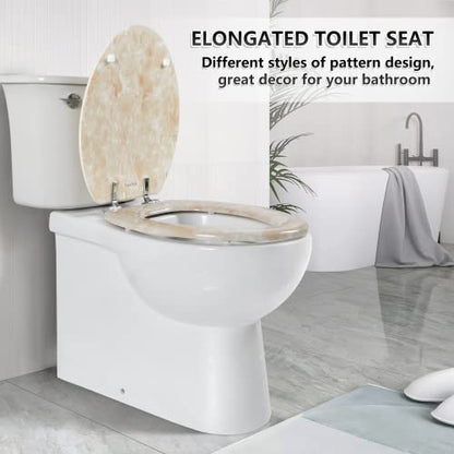Elongated Toilet Seat Natural Wood Toilet Seat with Zinc Alloy Hinges, Easy to Install also Easy to Clean, Anti-pinch Marble Toilet Seat by Angol Shiold (Elongated, Beige Pink) - color: Beige Pink, size: Elongated-18.5”