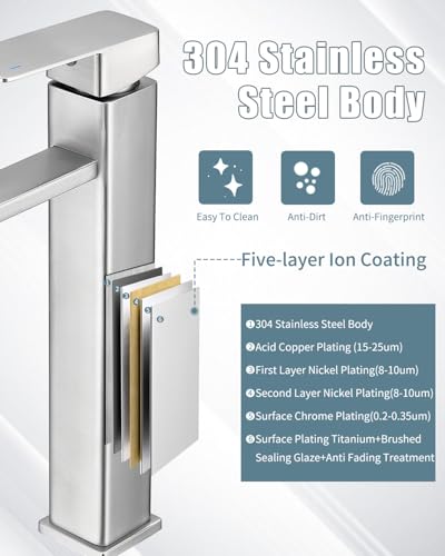 Bathroom Faucets, Brushed Bathroom Sink Faucet Set with Pop Up Drain, Single Hole Single Handle High Barrel Sink Vanity Faucet, Stainless Steel Lead-Free - color: 2.Brushed Sealing Glaze, style: Tall