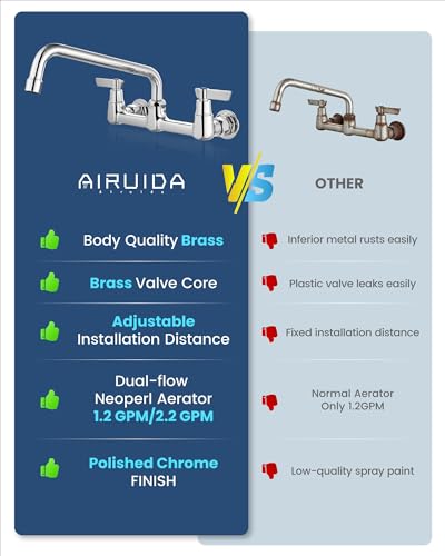 Airuida 8 Inch Chrome Polish Wall Mounted Kitchen Faucet with 10 Inch Spout | Commercial Sink Faucet,Dual Handles,Utility Sink Faucet,360° Swivel Spout - size: 10 Inches Spout