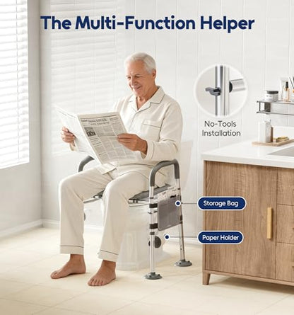 Raised Toilet Seat Risers for Seniors with Handles, Grey | Adjustable 7 Height & 6 Width, 400lbs Heavy-Duty Support, Built-in Paper Holder & Storage, For Elderly & Handicap