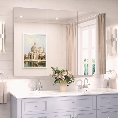 TokeShimi 48x32 Mirror with Stepless Adjustable Storage, Aluminum Tempered Bathroom Mirror Medicine Cabinet Silver, Frameless Farmhouse Medicine Cabinet for Recessed or Surface Mount Modern - color: Silver, size: 48x32 in