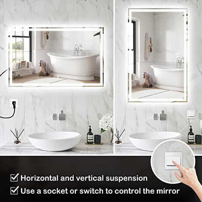 ROOMTEC 48x30 Inches LED Bathroom Mirror with Lights, Vanity Mirror with Front and Backlight, Smart Dimmable Anti-Fog LED Mirror for Bathroom, Memory Function, Tempered Glass (Horizontal/Vertical) | Anti-Fog, Dimmable, Memory Function, Bathroom Vanity Mir