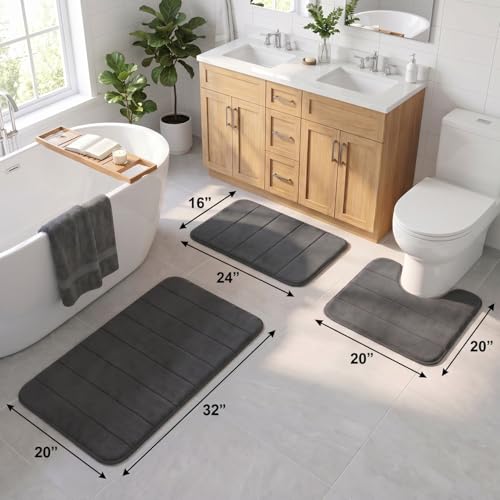 Bathroom Rugs Set 3 Piece, Memory Foam Bath Rugs, Non Slip Washable Bathroom Rug Set, Extra Soft Absorbent Bath Mats with U-Shaped Toilet Rug, Dark Grey - color: Dark Grey