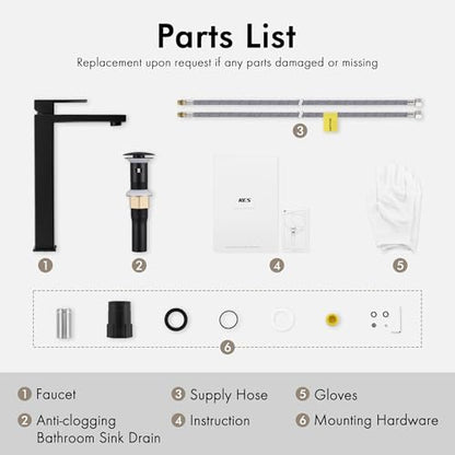 KES Vessel Sink Faucet, Black Bathroom Faucets, Tall Bathroom Faucets with Sink Drain with Overflow, L3156BLFF12-BK-C1 - color: Black, style: w/ Drain (WITH Overflow) - TALL Faucet