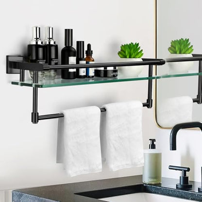 20-inch Glass Shelf with Towel bar, Matte Black-Finished Rail, Rectangular Stainless Steel Shelf, wall-Mounted Storage Rack - color: Matte Black, size: 20-inch with Railing