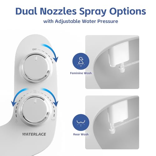 WATERLACE Ultra-Slim Bidet Attachment for Toilet - Dual Nozzle, Rear & Feminine Wash, Self-Cleaning, Adjustable Cold Water Pressure, Non-Electric Bidet Toilet Seat for Bathroom, Easy Install (Chrome) - color: White