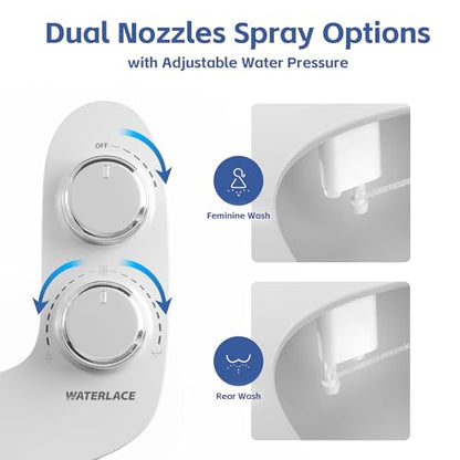 WATERLACE Ultra-Slim Bidet Attachment for Toilet - Dual Nozzle, Rear & Feminine Wash, Self-Cleaning, Adjustable Cold Water Pressure, Non-Electric Bidet Toilet Seat for Bathroom, Easy Install (Chrome) - color: White