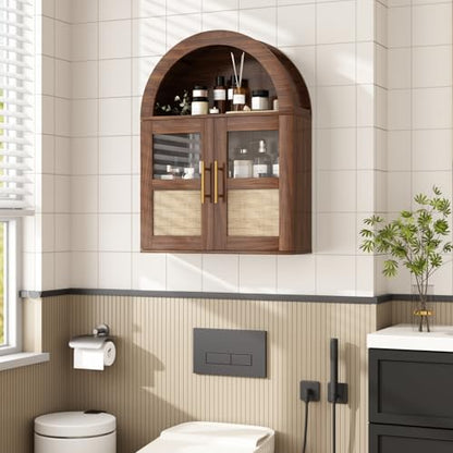 RUSTOWN Arched Bathroom Wall Cabinet with 2 Glass & Rattan Doors | Rattan Medicine Cabinet, Farmhouse Over the Toilet Storage Cabinet, Adjustable Shelves, 3-Tier Wall Mounted Cabinets - color: Walnut